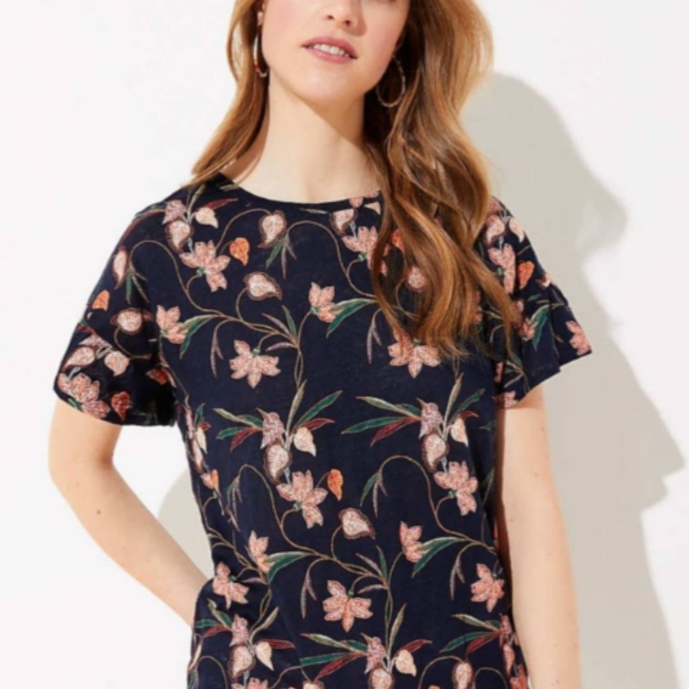 Loft Ruffle Sleeve Linen Floral Navy Top